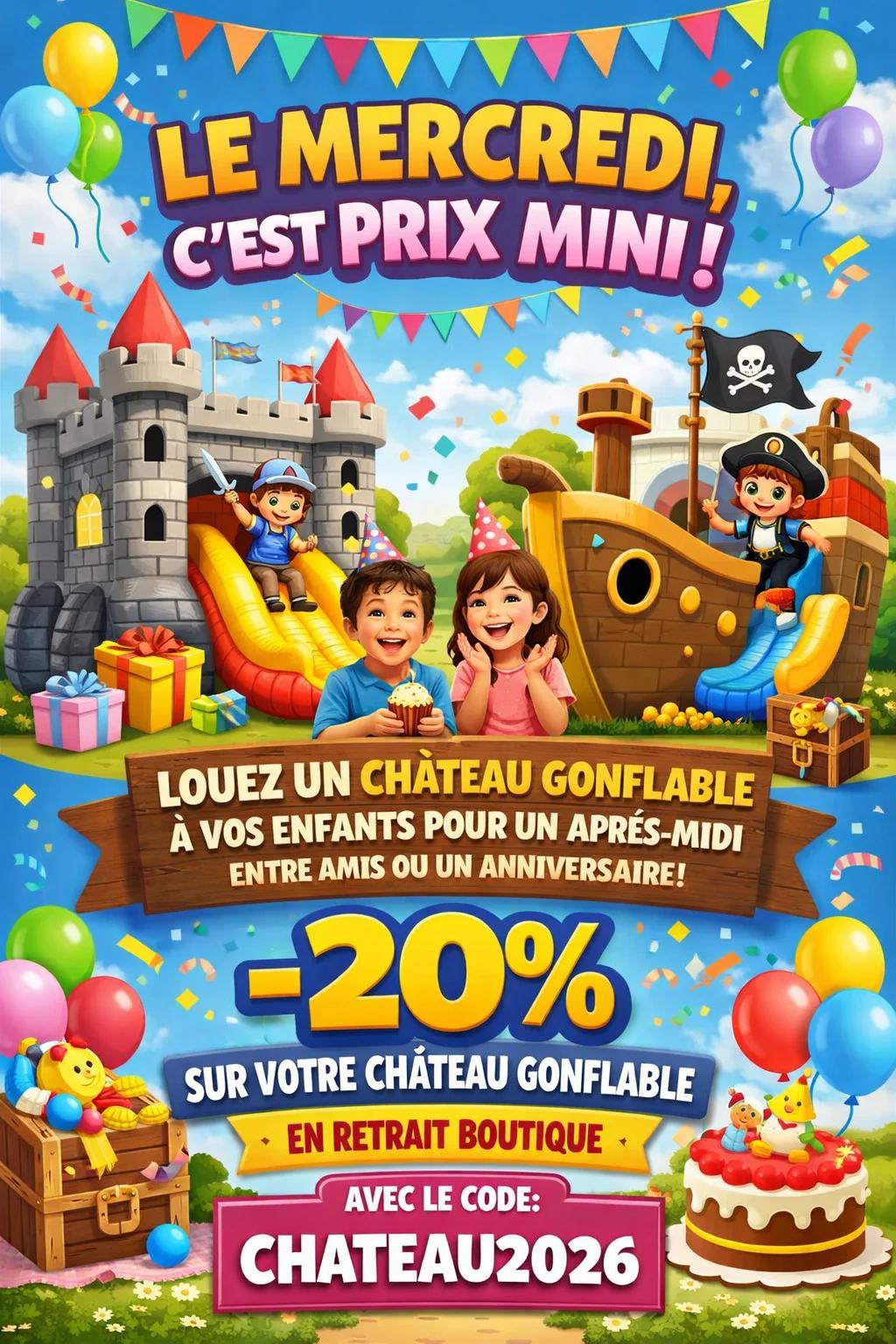 Offre spéciale mercredi : -20% sur la location de château gonflable 🎉